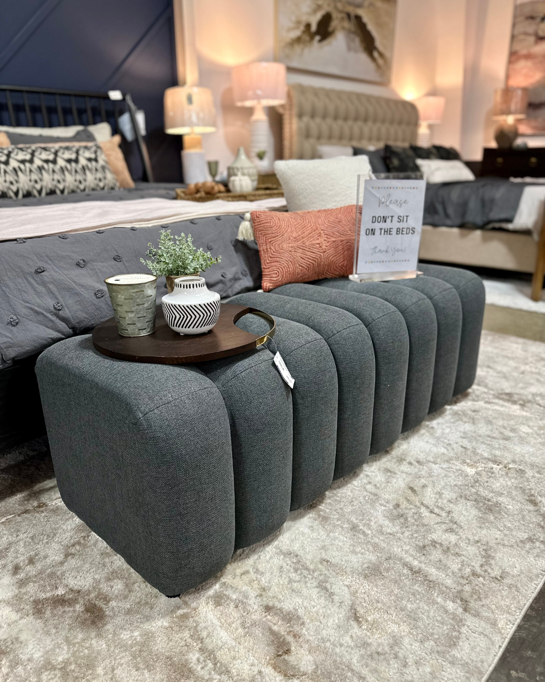 Grey upholstered bench