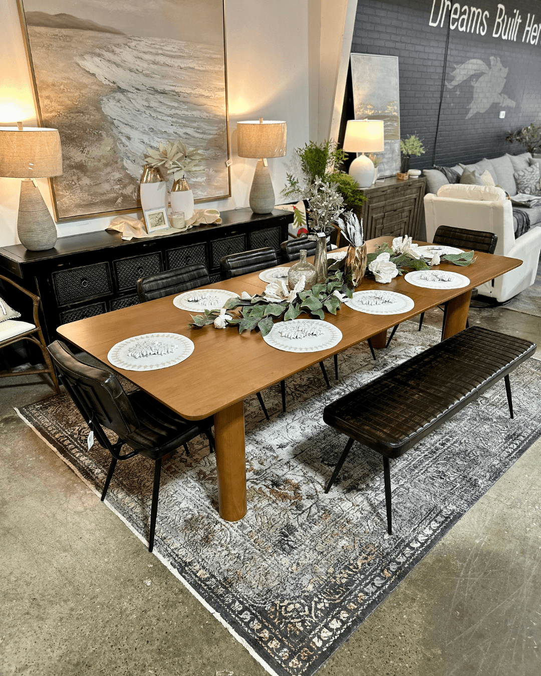 Black Rectangular Dining Table for Six with Brown Leather Chairs Set